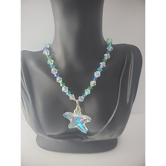 Vintage Necklace Beaded Iridescent Pendant Star Woman Jewelry Costume - Picture 6 of 11
